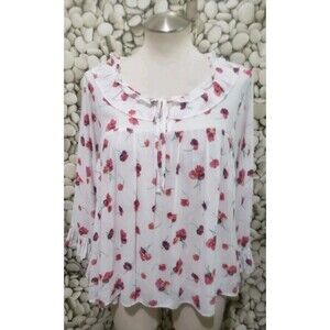 Gap Top Womens Size Small Floral White Pink Ruffle Tie Neck Flare Sleeves Blouse